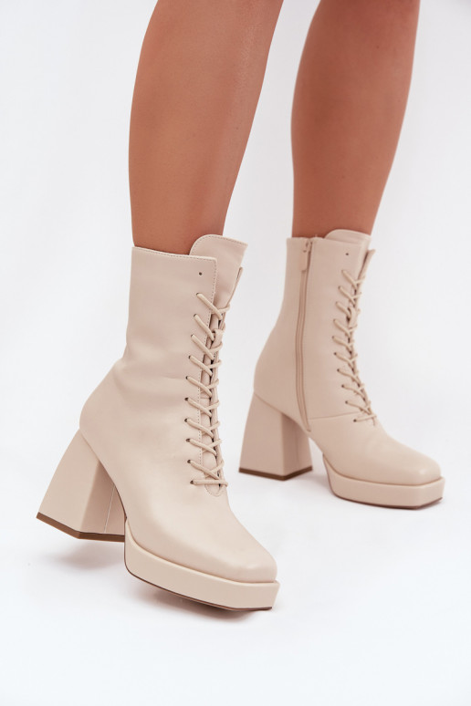 Botas femininas aquecimento com salto Com uma renda cor de marfim Juvina