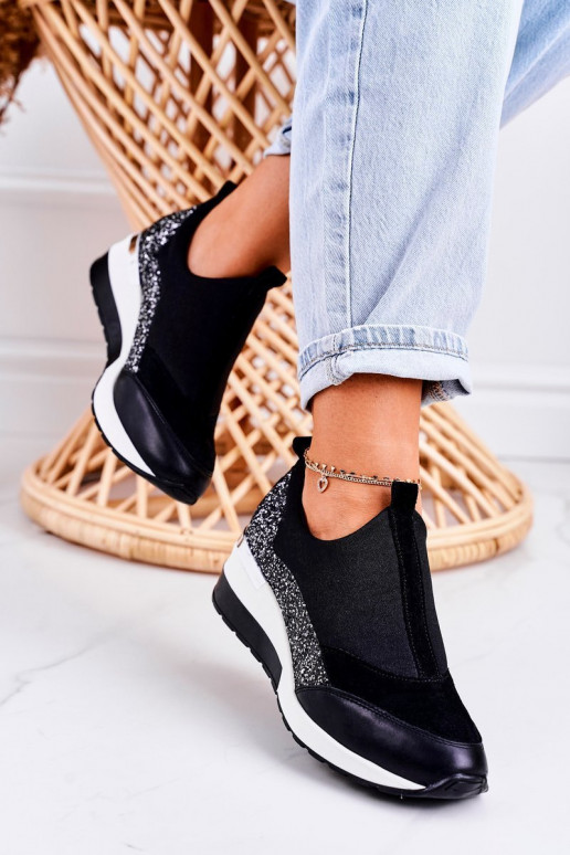 Feminino Sapatos modelo de tênis de couro cor preta cor prata Frances Feminino Sapatos modelo de tênis de couro cor preta cor prata Frances