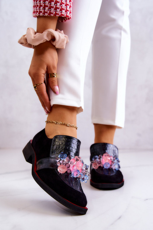 de camurça sapato com enfeites Preto e-cor vermelha Davine de camurça sapato com enfeites Preto e-cor vermelha Davine