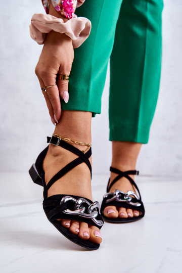 Feminino Sandálias de camurça com correntes Laura Messi 2365 cor preta 2