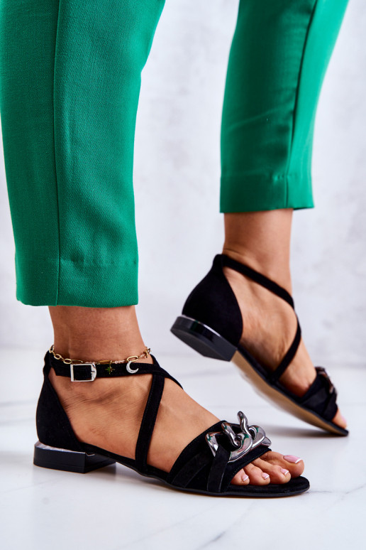 Feminino Sandálias de camurça com correntes Laura Messi 2365 cor preta Feminino Sandálias de camurça com correntes Laura Messi 2365 cor preta