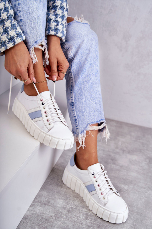 Feminino Pele tênis com alças Branco-cor azul Ariva Feminino Pele tênis com alças Branco-cor azul Ariva