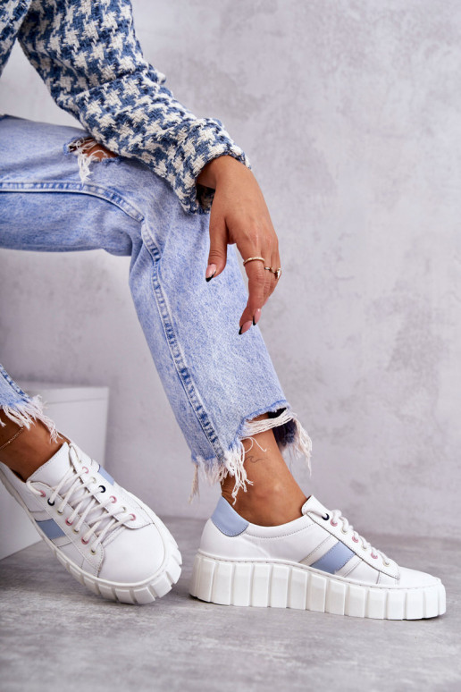 Feminino Pele tênis com alças Branco-cor azul Ariva Feminino Pele tênis com alças Branco-cor azul Ariva