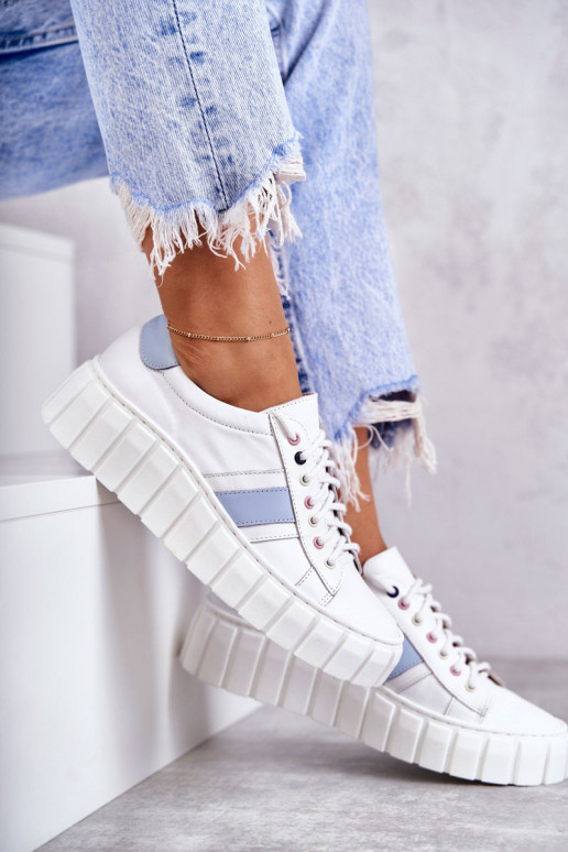 Feminino Pele tênis com alças Branco-cor azul Ariva Feminino Pele tênis com alças Branco-cor azul Ariva