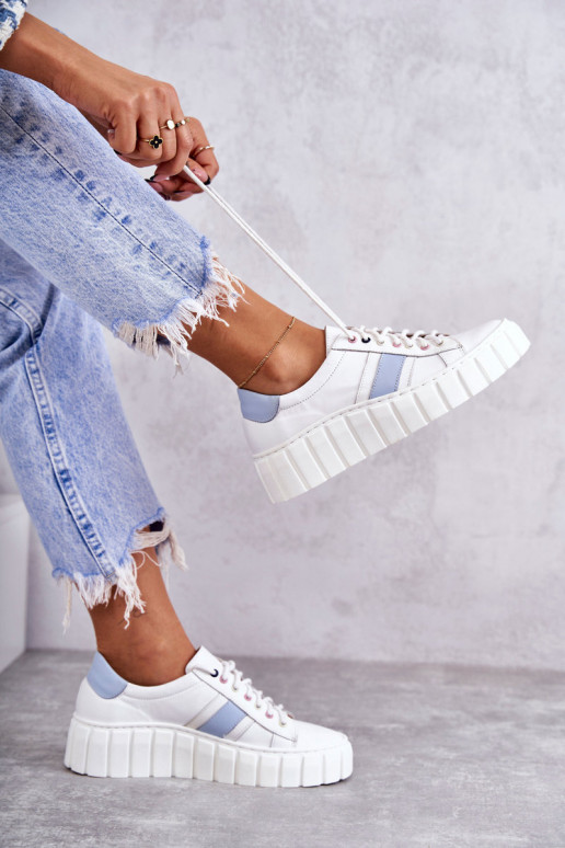 Feminino Pele tênis com alças Branco-cor azul Ariva Feminino Pele tênis com alças Branco-cor azul Ariva