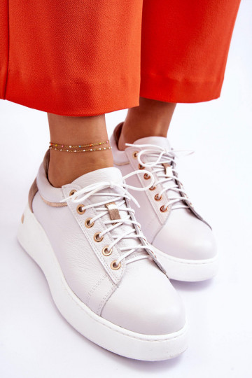 Sapatos esportivos de couro femininos com plataforma na cor branca Caressa
