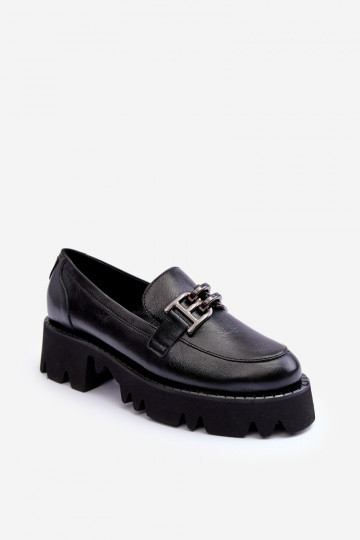 Sapatos femininos de couro mocassins com ornamentos Laura Messi 2699 cor preta 2