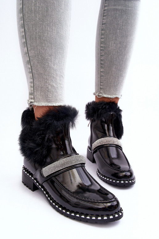 Baixo Botas com efeito verniz com um casaco de pele E decoração S.Barski MR870-74 cor preta Baixo Botas com efeito verniz com um casaco de pele E decoração S.Barski MR870-74 cor preta