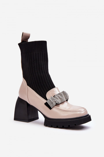 Botas femininas de cano curto tipo meia com saltos cor areia S.Barski MR870-41 2
