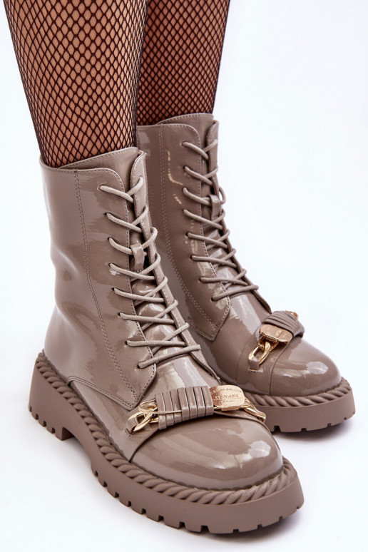 Feminino com efeito verniz Botins de trabalho com enfeites bege S.Barski MR870-67