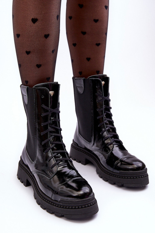 Pele Feminino Botins de trabalho com atacadores cor preta Nicole 2836