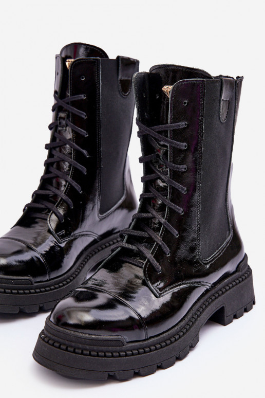 Pele Feminino Botins de trabalho com atacadores cor preta Nicole 2836