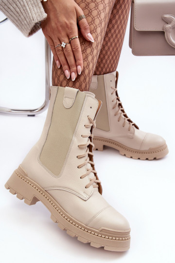 Botas femininas de couro de trabalho com cadarços na cor marfim Nicole 2836