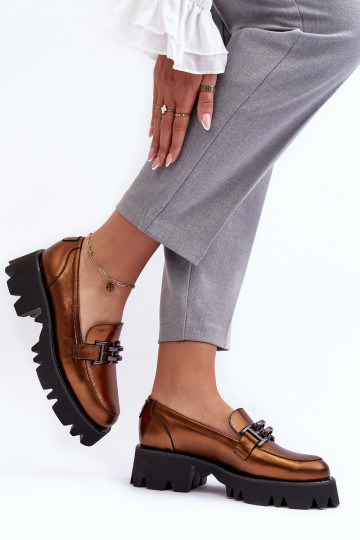 Feminino Pele sapato Mocassins com enfeites Laura Messi 2699 cor dourada