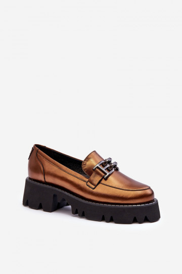 Feminino Pele sapato Mocassins com enfeites Laura Messi 2699 cor dourada 2