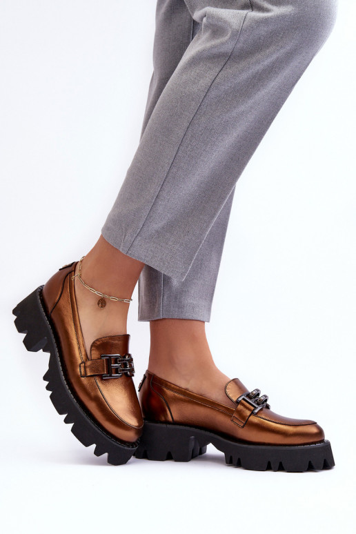 Feminino Pele sapato Mocassins com enfeites Laura Messi 2699 cor dourada Feminino Pele sapato Mocassins com enfeites Laura Messi 2699 cor dourada