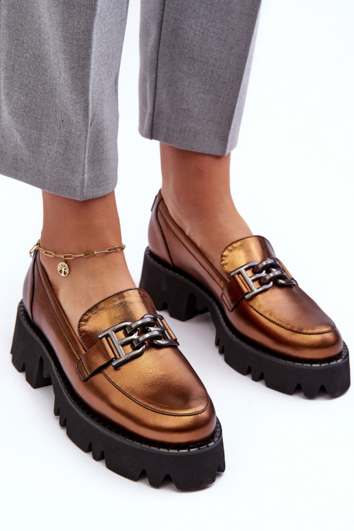 Feminino Pele sapato Mocassins com enfeites Laura Messi 2699 cor dourada Feminino Pele sapato Mocassins com enfeites Laura Messi 2699 cor dourada