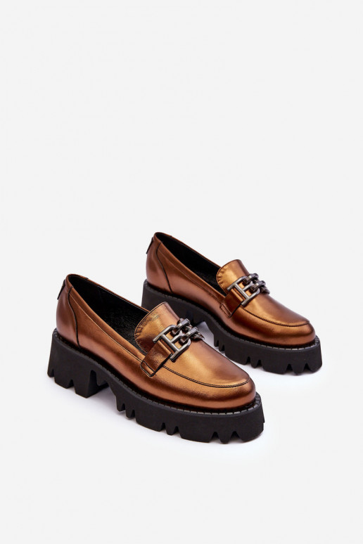 Feminino Pele sapato Mocassins com enfeites Laura Messi 2699 cor dourada Feminino Pele sapato Mocassins com enfeites Laura Messi 2699 cor dourada