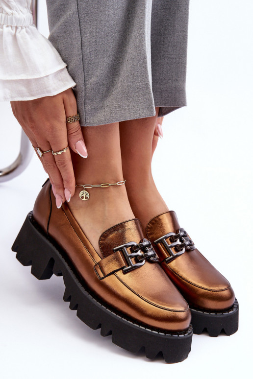 Feminino Pele sapato Mocassins com enfeites Laura Messi 2699 cor dourada Feminino Pele sapato Mocassins com enfeites Laura Messi 2699 cor dourada