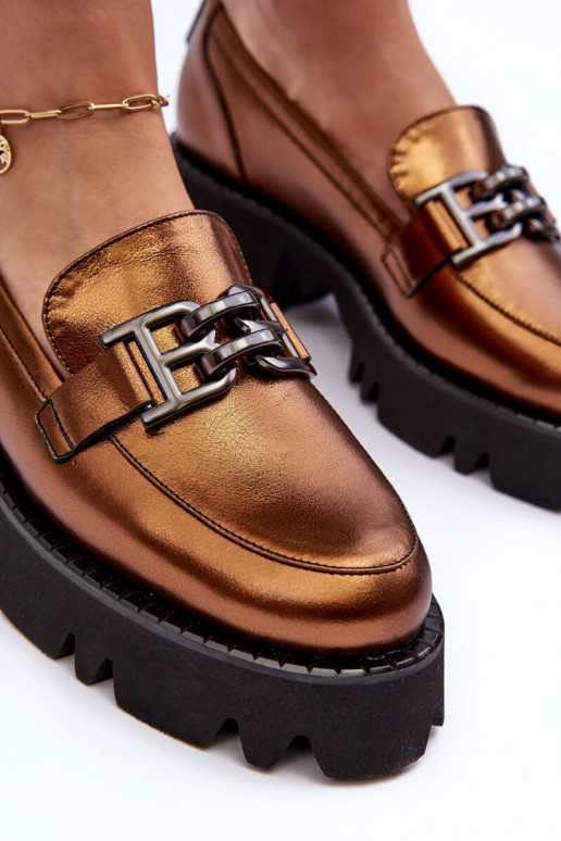 Feminino Pele sapato Mocassins com enfeites Laura Messi 2699 cor dourada Feminino Pele sapato Mocassins com enfeites Laura Messi 2699 cor dourada