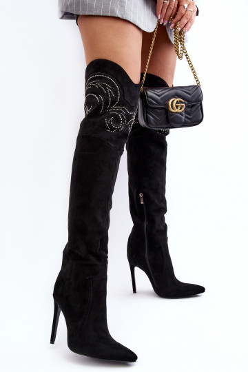 Botas femininas de cano alto acima do joelho com saltos finos na cor preta Vessy 2