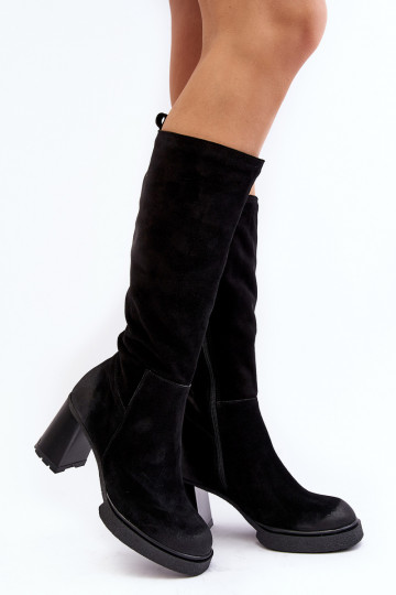 Botas femininas de camurça de cano longo com salto até o joelho Lemar cor preta Ceraxa
