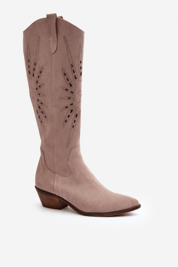Zazoo 2909 Botas altas de camurça com elementos de renda de salto baixo na cor areia 2