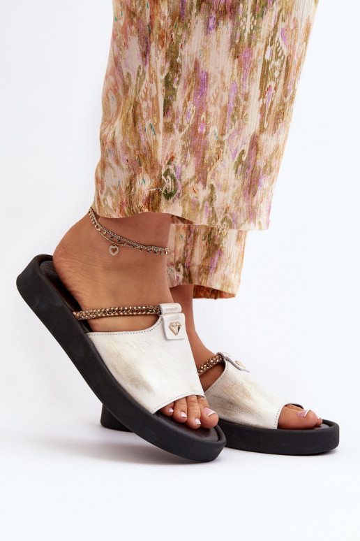 Zazoo 2896 Chinelos femininos Pele Branco-cor dourada Zazoo 2896 Chinelos femininos Pele Branco-cor dourada