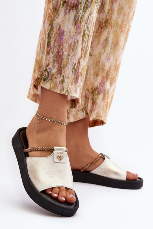 Zazoo 2896 Chinelos femininos Pele Branco-cor dourada Zazoo 2896 Chinelos femininos Pele Branco-cor dourada