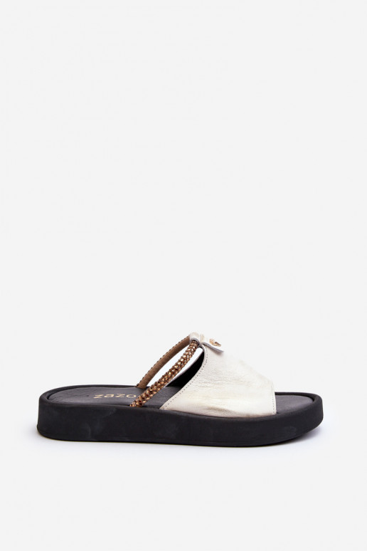 Zazoo 2896 Chinelos femininos Pele Branco-cor dourada Zazoo 2896 Chinelos femininos Pele Branco-cor dourada
