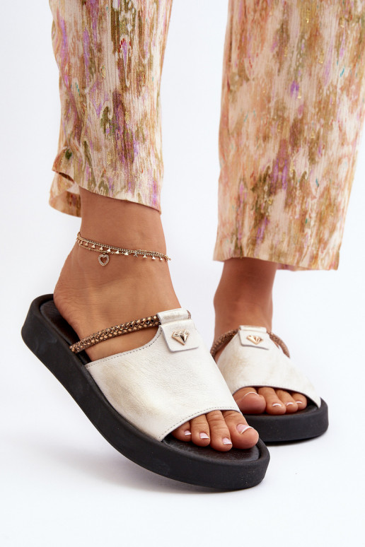 Zazoo 2896 Chinelos femininos Pele Branco-cor dourada Zazoo 2896 Chinelos femininos Pele Branco-cor dourada