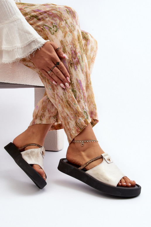 Zazoo 2896 Chinelos femininos Pele Branco-cor dourada Zazoo 2896 Chinelos femininos Pele Branco-cor dourada