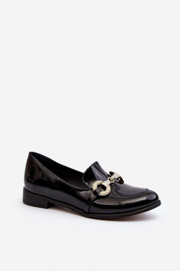Zazoo 2880 mocassins femininos com efeito laqueado e ornamentos, cor preta