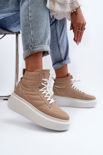 Tênis femininos de couro com plataforma Zazoo 3392/X cor areia