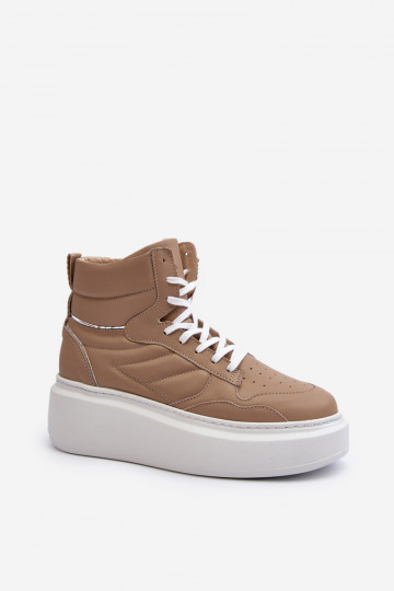 Tênis femininos de couro com plataforma Zazoo 3392/X cor areia 2