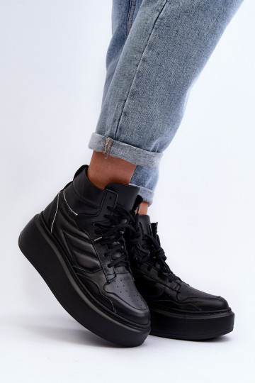Tênis femininos de couro com plataforma Zazoo 3392/X pretos 2