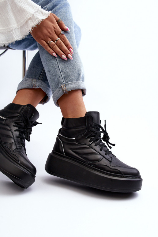 Zazoo 3392/X Feminino Pele tênis com uma plataforma cor preta Zazoo 3392/X Feminino Pele tênis com uma plataforma cor preta