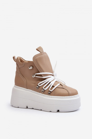 Tênis femininos de couro Zazoo 3416 cor areia
