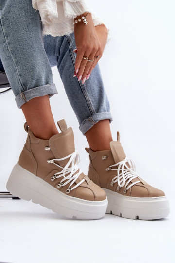 Tênis femininos de couro Zazoo 3416 cor areia 2