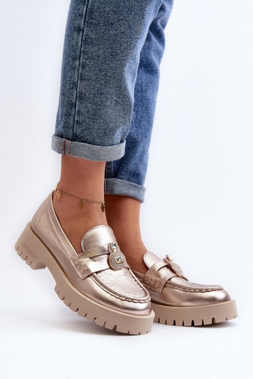 Pele sapato Mocassins com enfeites CheBello 4291 cor dourada Pele sapato Mocassins com enfeites CheBello 4291 cor dourada