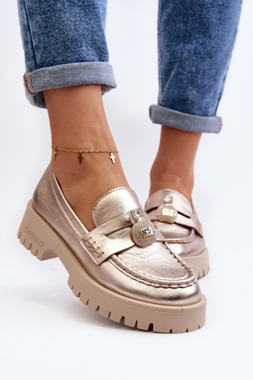 Pele sapato Mocassins com enfeites CheBello 4291 cor dourada Pele sapato Mocassins com enfeites CheBello 4291 cor dourada