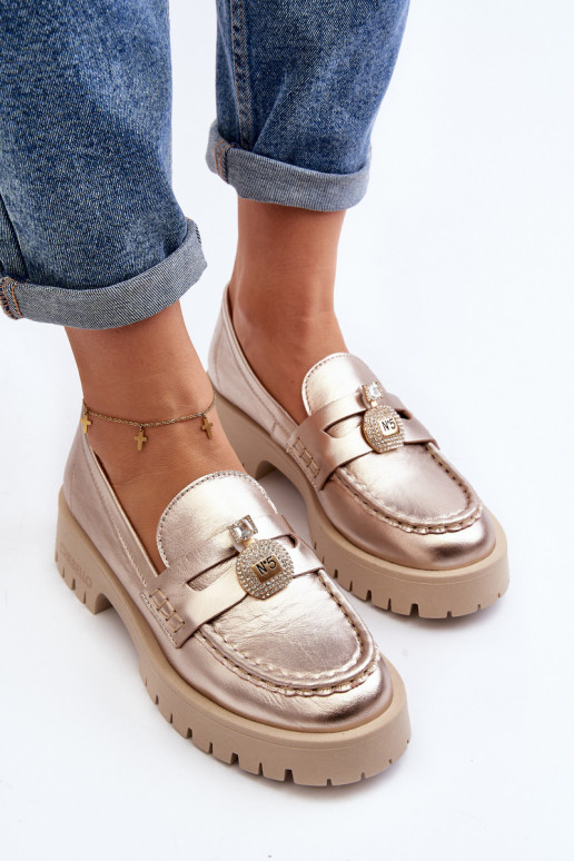 Pele sapato Mocassins com enfeites CheBello 4291 cor dourada Pele sapato Mocassins com enfeites CheBello 4291 cor dourada