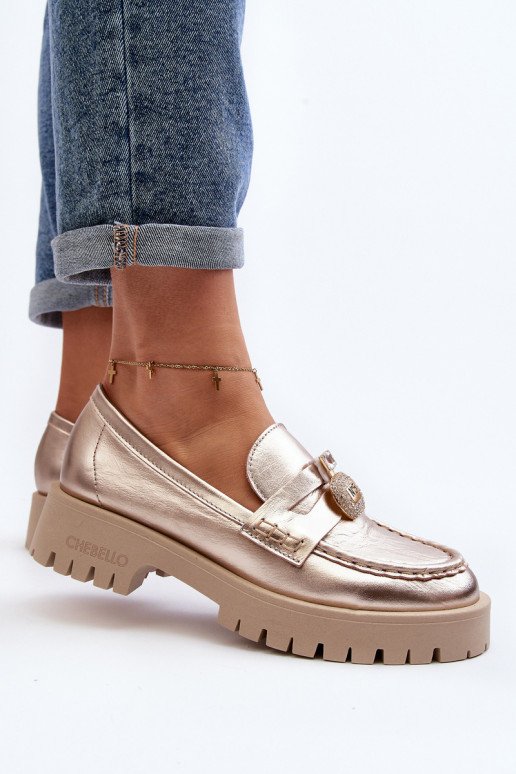 Pele sapato Mocassins com enfeites CheBello 4291 cor dourada Pele sapato Mocassins com enfeites CheBello 4291 cor dourada