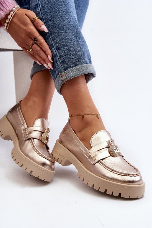 Pele sapato Mocassins com enfeites CheBello 4291 cor dourada Pele sapato Mocassins com enfeites CheBello 4291 cor dourada