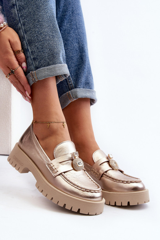 Pele sapato Mocassins com enfeites CheBello 4291 cor dourada Pele sapato Mocassins com enfeites CheBello 4291 cor dourada