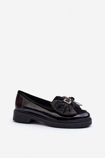 Mocassim envernizado feminino com laços Laura Messi 2786 cor preta