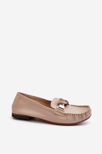 Pele mocassins femininos com enfeites Laura Messi 2761 bege
