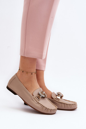 Mocassim de couro feminino com ornamentos Laura Messi 2761 cor areia 2