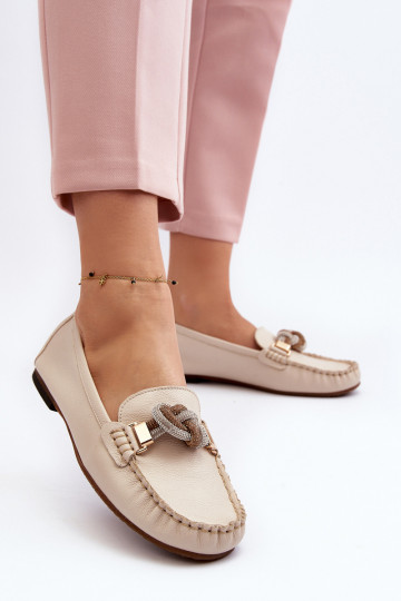 Mocassins de couro feminino com ornamentos Laura Messi 2761 cor marfim