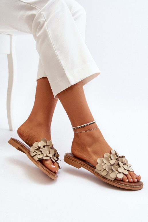 Zazoo 40381 Feminino Chinelos de couro com salto largo bege Zazoo 40381 Feminino Chinelos de couro com salto largo bege